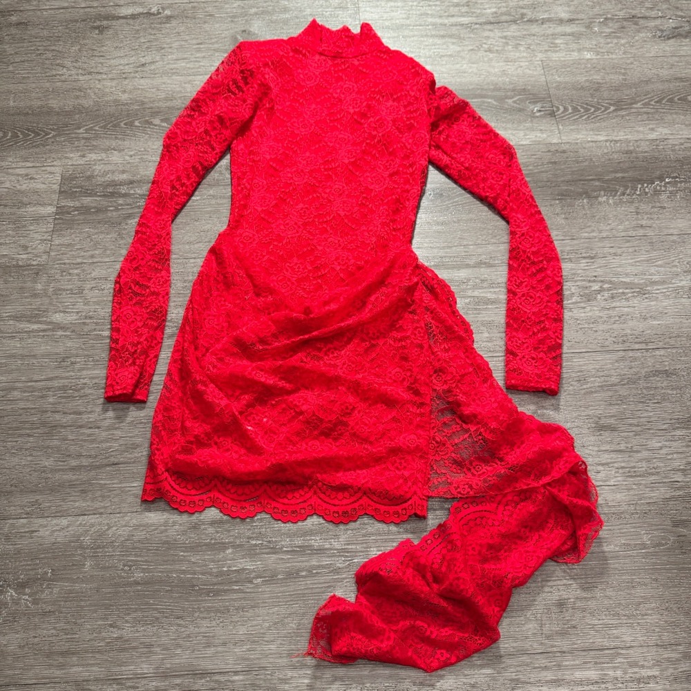 Ego Mini Dress Womens 4 Red Lace Romantic Drape Long Sleeve Mock Neck Party Club